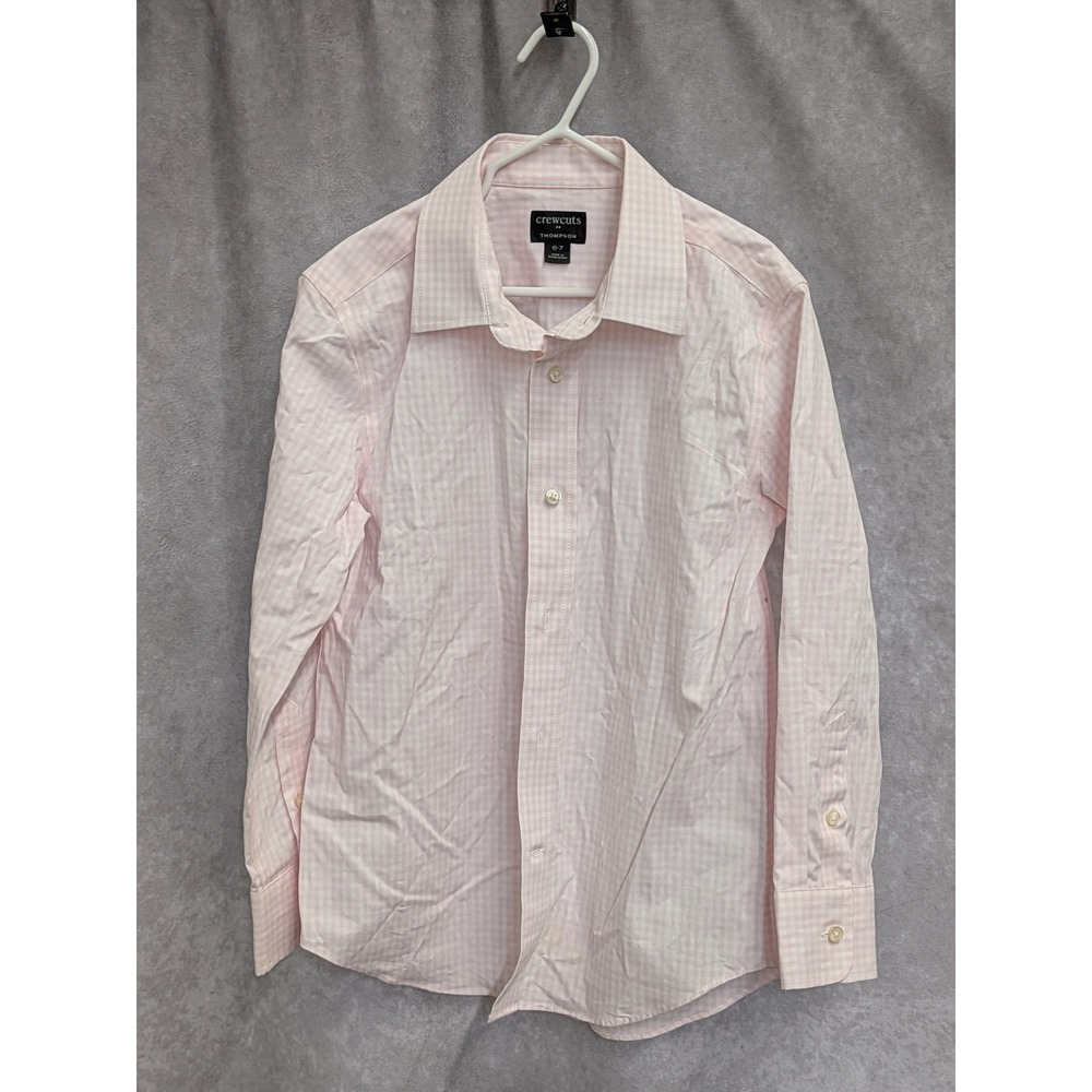 Crewcuts Boys Thompson Gingham Button Down Shirt Pink White Size 6-7 Long Sleeve